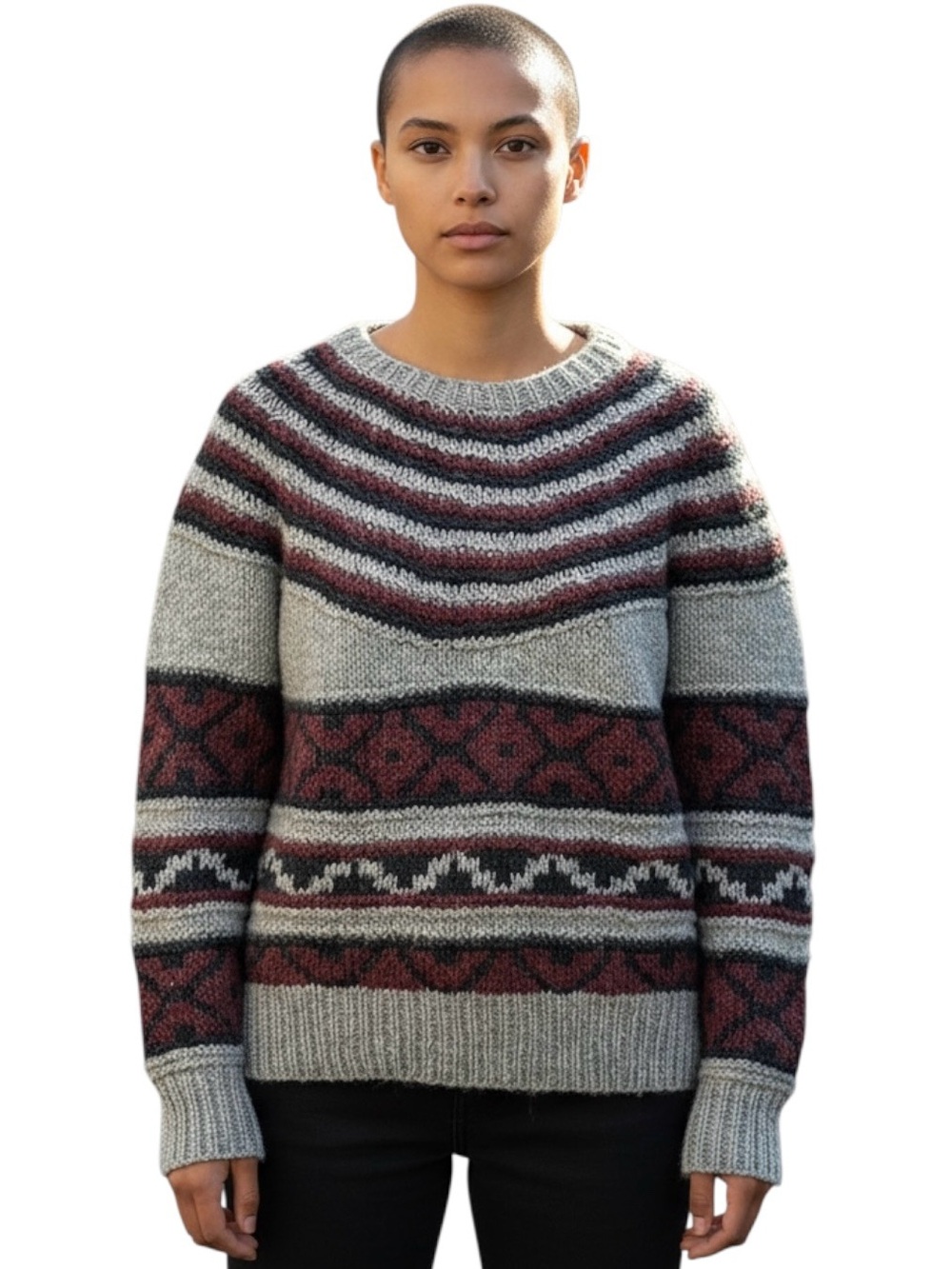 Vtg Woolrich Sweater Women’s S Burgundy Gray Fair Isle Wool Hand Knitted Chunky